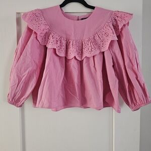 Zara Pink Eyelet Ruffle Cotton Blouse - Women